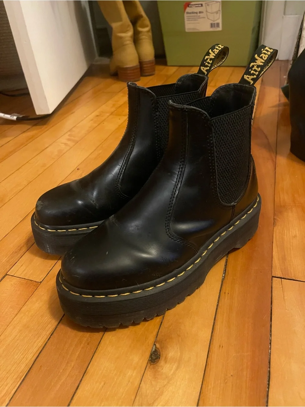 Dr. Martens Black Leather Platform Chelsea Boots with Yellow Stitching